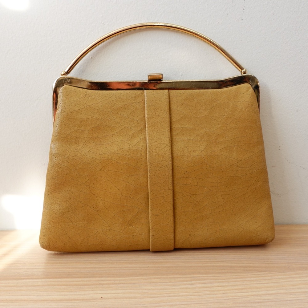Vintage Frame Purse Tan Gold Solid Crackled Evening Top Handle Bag 50s Mod Party